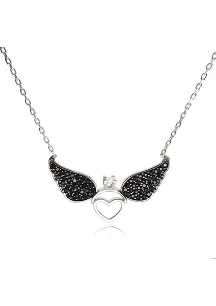 Siyah Tektaşlı Kanatlı Bayan Gümüş Kolye