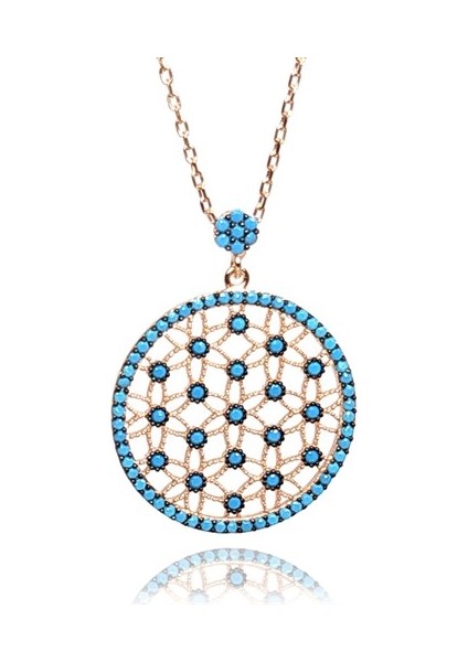 Turkuaz Zirkon Taşlı Rose Renk Yaşam Çiçeği Bayan Gümüş Kolye