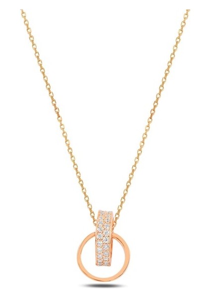 Zirkon Taşlı Rose Renk Çift Yüzük Model 2 Kadın Gümüş Kolye Gklcftyzkm2-Ros