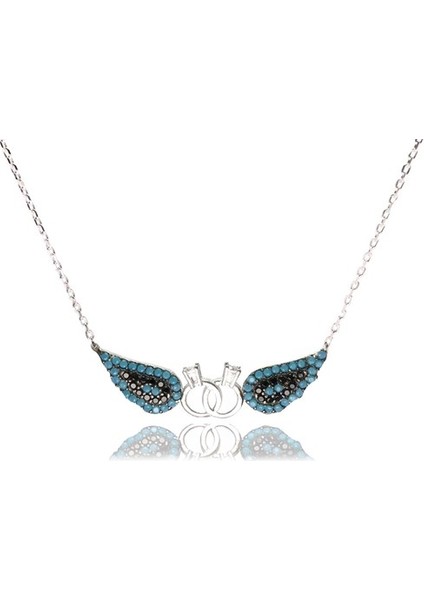 Çift Tektaşlı Kanatlı Bayan Gümüş Kolye Orta Boy