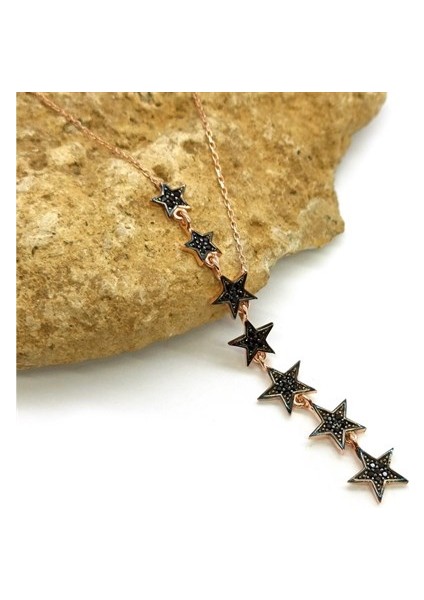 Siyah Taşlı Sıra Yıldızlı Rose Renk Bayan Gümüş Kolye Gklyıldızlr-Ros fiyatları