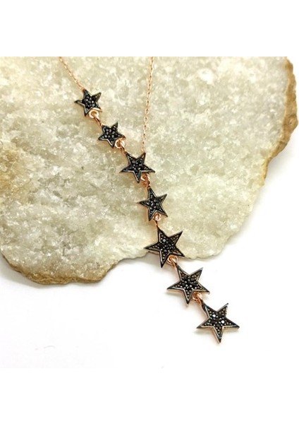 Siyah Taşlı Sıra Yıldızlı Rose Renk Bayan Gümüş Kolye Gklyıldızlr-Ros modelleri
