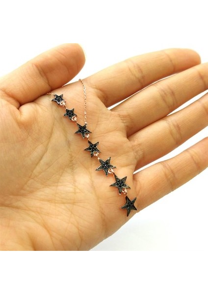 Siyah Taşlı Sıra Yıldızlı Rose Renk Bayan Gümüş Kolye Gklyıldızlr-Ros fırsatları