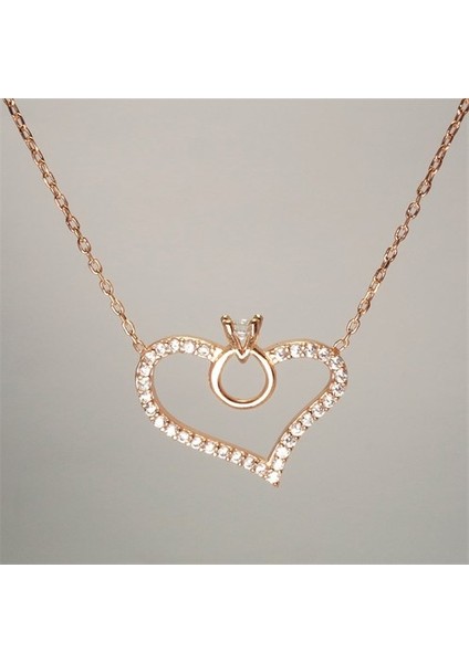 Rose Gümüş Bayan Tektaşlı Kalp Kanadıkolye