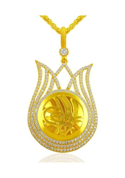 Kadın Gümüş Kolye - Büyük Boy Altın Kaplama Lale Motifli Tuğra Işlemeli Gümüş Kolye