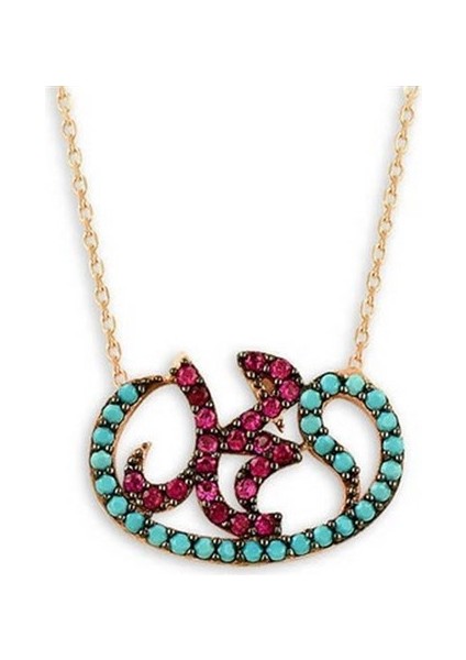 Turkuaz Taşlı Rose Hz Muhammed Yazılı Vav Model Bayan Gümüş Kolye