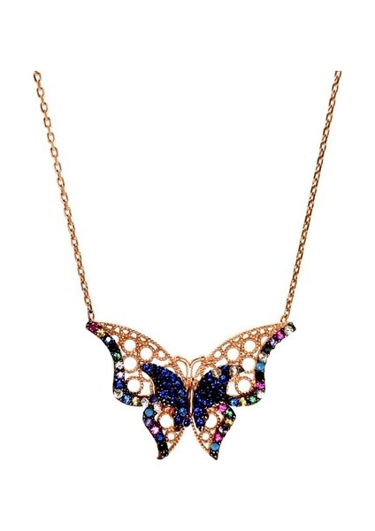 Renkli Zirkon Taşlı Kelebek Bayan Gümüş Kolye