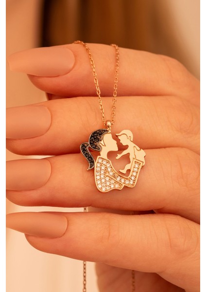 Anne Bebek Rose Renk Bayan Gümüş Kolye