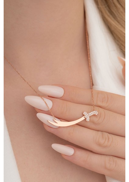 Zirkon Taşlı Rose Renk Zülfikar Kadın Gümüş Kolye GKLZLFKRM1D-ROS