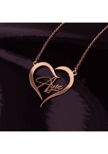 Kişiye Özel Kalp Içinde Imza Isim Yazılan Rose Renk Bayan Gümüş Kolye Zincir Gklrosısımy