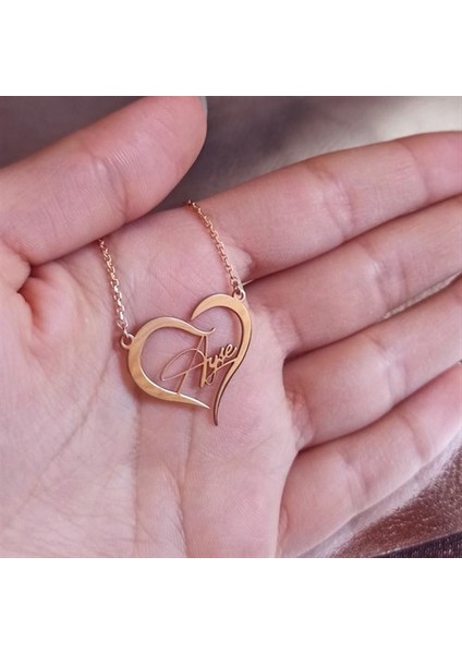 Kişiye Özel Kalp Içinde Imza Isim Yazılan Rose Renk Bayan Gümüş Kolye Zincir Gklrosısımy indirimleri