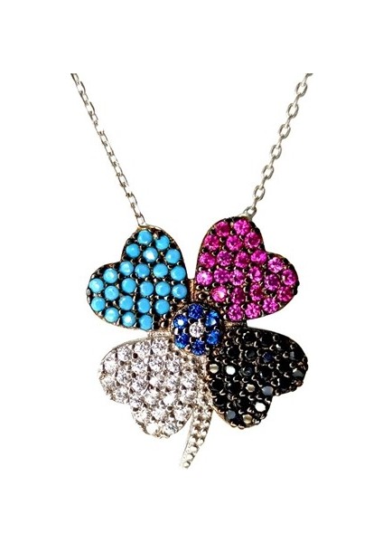 Büyük Boy Yonca Bayan Gümüş Kolye