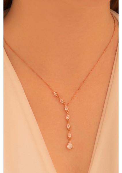 Zirkon Taşlı Rose Damla Model Kadın Gümüş Kolye Gklzrkntdml-Ros
