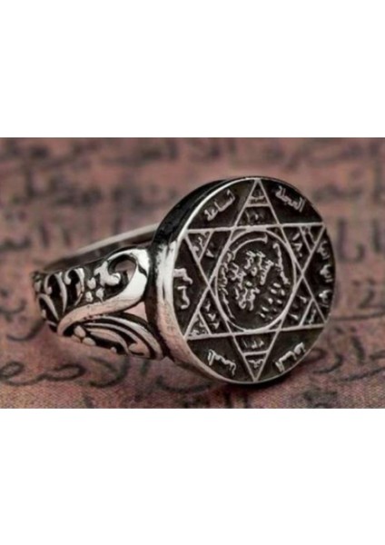 Erkek Gümüş Yüzük - Hz Süleyman Mührü ve Yanları Çiçek Işlemeli 925 Ayar Gümüş Erkek Yüzük