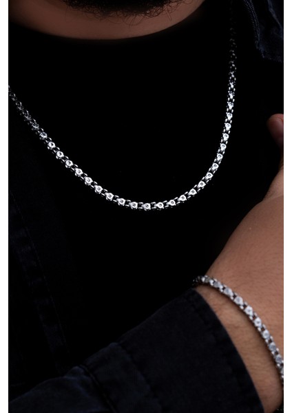 Erkek Çelik Kolye Bileklik Set - Pullu Model Çelik Kolye Bileklik Set