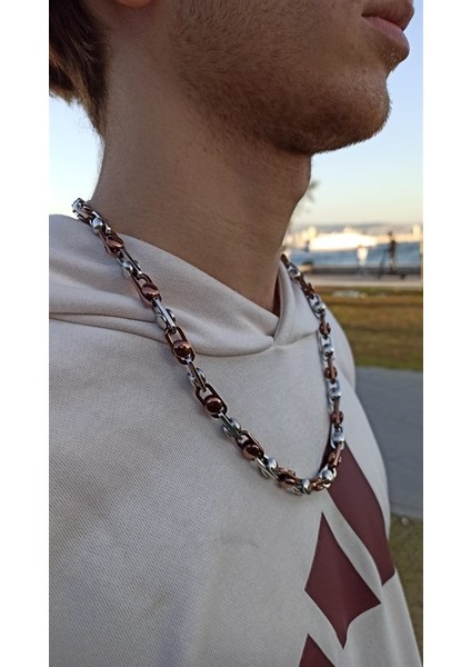 Gümüş ve Bronz Renkli Paslanmaz Çelik Erkek Kolye Yuvarlak Model