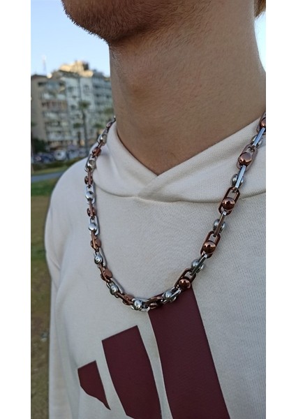 Gümüş ve Bronz Renkli Paslanmaz Çelik Erkek Kolye Yuvarlak Model modelleri