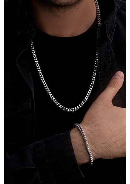 Erkek Çelik Bileklik Kolye Set - Kare Kesim Model Çelik Set