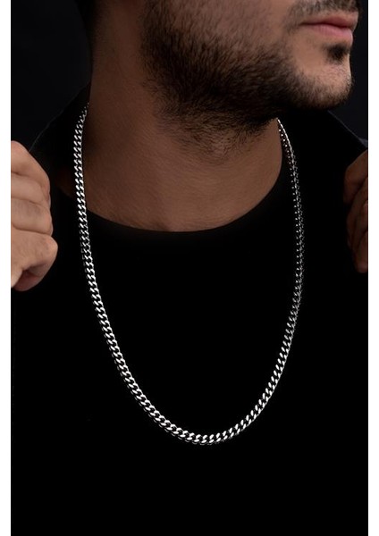 Erkek Kolye - Kare Kesim Model Erkek Çelik Kolye - Gümüş Renk - 5 mm Kalınlık - Paslanmaz Çelik