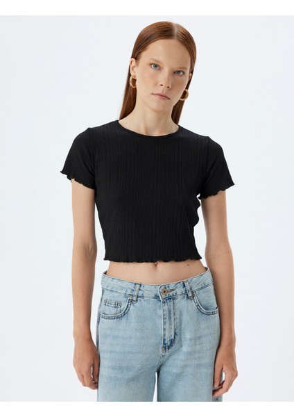 Basic Crop Tişört Kısa Kollu Bisiklet Yaka Slim Fit