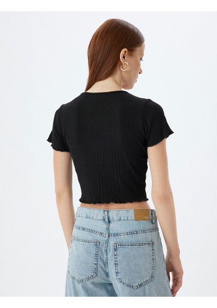 Basic Crop Tişört Kısa Kollu Bisiklet Yaka Slim Fit