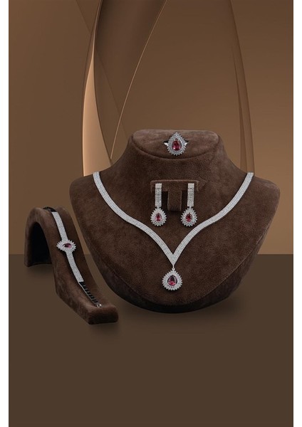 Arissa Bayan Yakut Taşlı Gümüş Su Yolu Set - Kolye, Bileklik, Küpe, Yüzük