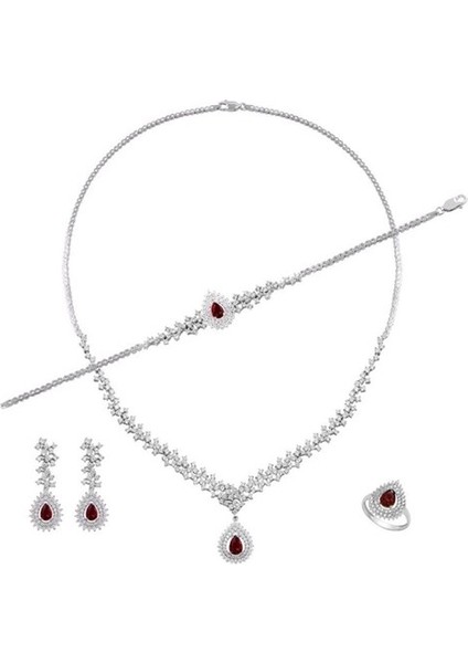 Çise Bayan Yakut Taşlı Gümüş Su Yolu Set - Kolye, Bileklik, Küpe, Yüzük