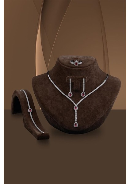 Ela Bayan Yakut Taşlı Gümüş Su Yolu Set - Kolye, Bileklik, Küpe, Yüzük