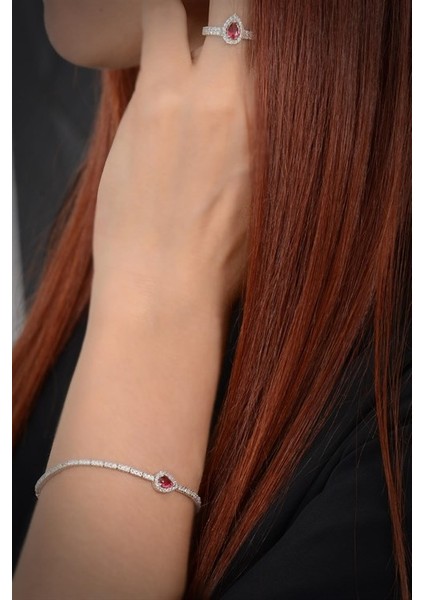 Ela Bayan Yakut Taşlı Gümüş Su Yolu Set - Kolye, Bileklik, Küpe, Yüzük fırsatları