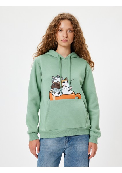 Oversize Kapüşonlu Sweatshirt Kedi Baskılı Kanguru Cepli Şardonlu