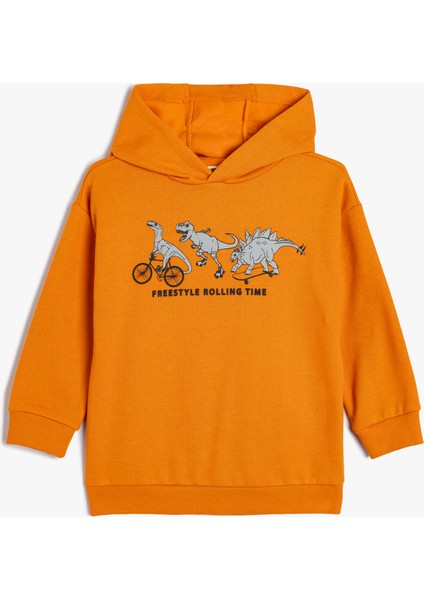 Kapşonlu Sweatshirt Uzun Kollu Dinozor Baskılı