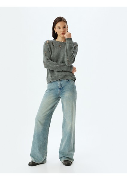 Ajurlu Oversize Kazak Triko Bisiklet Yaka Uzun Kollu