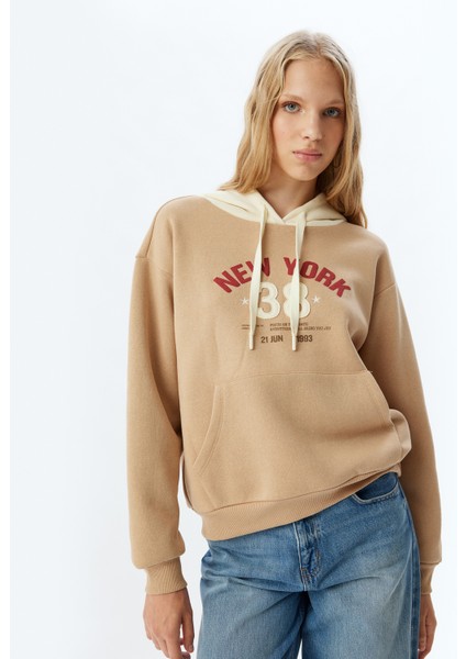 Kolej Sweatshirt Kapüşonlu Baskılı Kanguru Cepli Rahat Kalıp