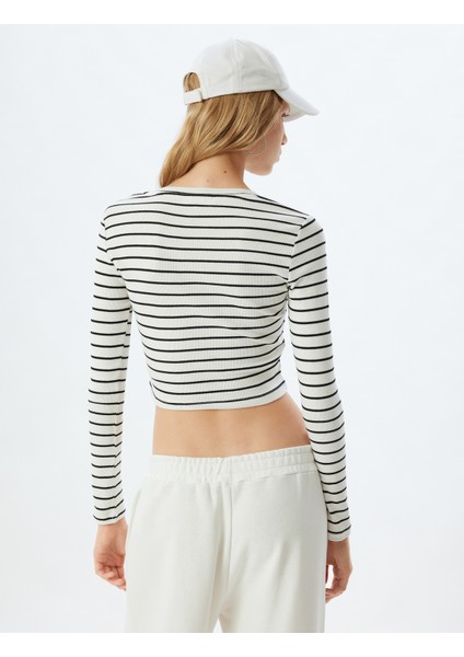 Çizgili Crop Tişört Uzun Kollu Bisiklet Yaka Slim Fit indirimleri