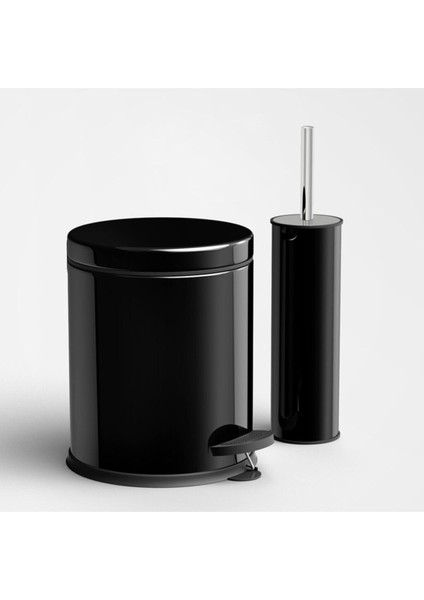 Siyah Renkli Paslanmaz Pedallı 5 Lt Çöp Kovası - Klozet Fırçası 2'li Banyo Seti