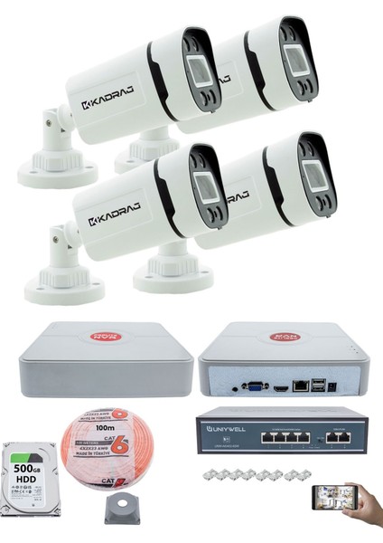 4'lü Güvenlik Ip Kamera Seti - 4mp Dış Mekan Kamera, 3.6mm Lens, H.265, Poe, Warm Ir Gece Görüşü, 9 Kanal Nvr, 4 Port Poe Switch, 500GB Hdd, 100 Metre