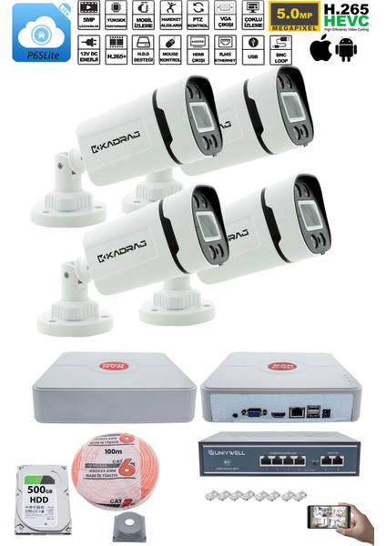 4'lü Güvenlik Ip Kamera Seti - 4mp Dış Mekan Kamera, 3.6mm Lens, H.265, Poe, Warm Ir Gece Görüşü, 9 Kanal Nvr, 4 Port Poe Switch, 500GB Hdd, 100 Metre fiyatları