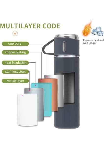 Kutulu Çay Kahve Termosu Set 500 ml 3 Bardaklı, 12 Saat Sıcak, Soğuk, Bpa Içermeyen Hediye Kutusu fırsatları