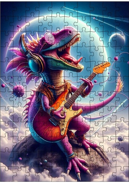 Ahşap Mdf Puzzle Yapboz Gitar Çalan Dinazor 120 Parça 25*35 cm