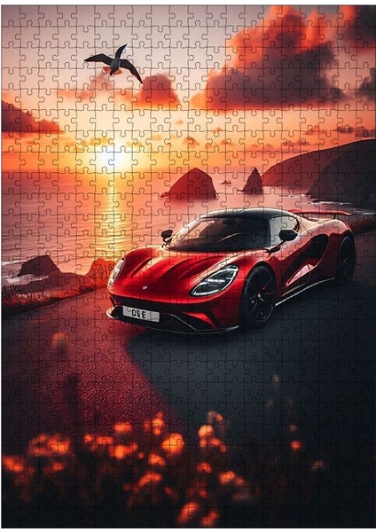 Ahşap Mdf Puzzle Yapboz Gün Batımı ve Kırmızı Spor Araba 500 Parça 50*70 cm