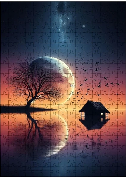 Ahşap Mdf Puzzle Yapboz Gölün Ortasındaki Ev ve Ağaç 255 Parça 35*50 cm