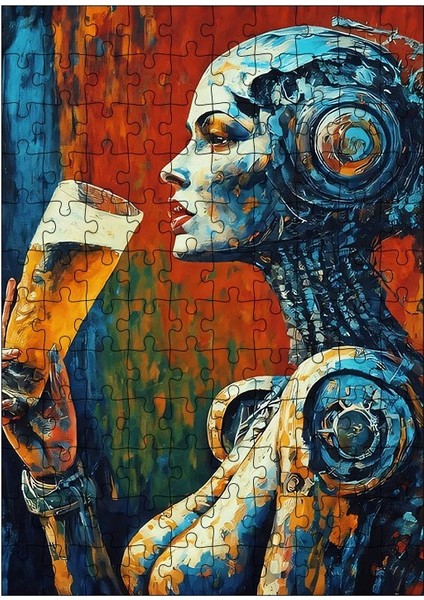 Ahşap Mdf Puzzle Yapboz Bira Içen Robot Kadın 120 Parça 25*35 cm