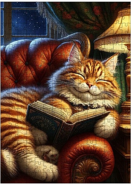 Ahşap Mdf Puzzle Yapboz Kitap Okuyan Kedi 255 Parça 35*50 cm