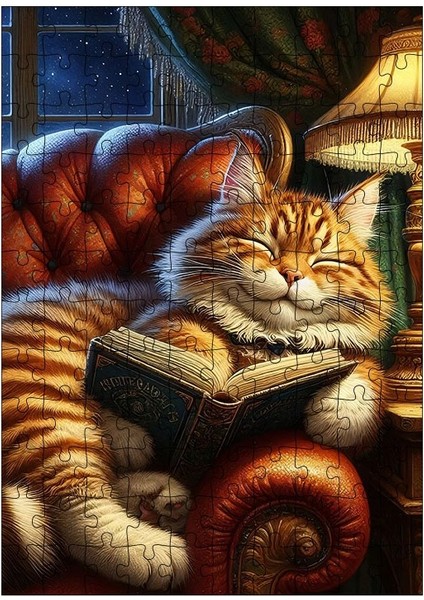 Ahşap Mdf Puzzle Yapboz Kitap Okuyan Kedi 120 Parça 25*35 cm