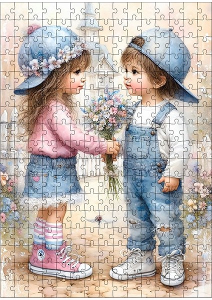 Ahşap Mdf Puzzle Yapboz Birbirine Çiçek Veren Çocuklar 255 Parça 35*50 cm