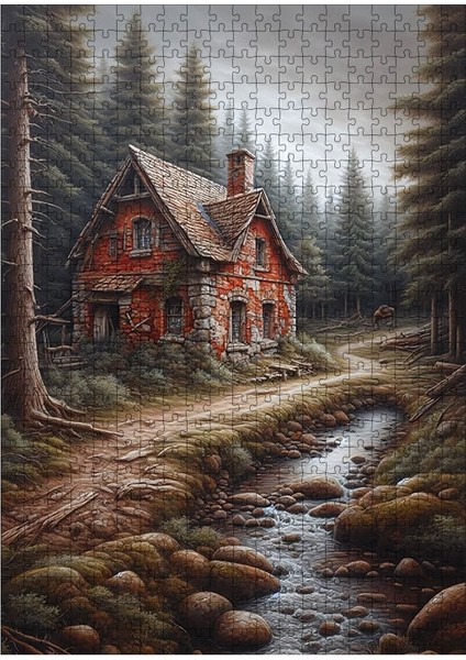 Ahşap Mdf Puzzle Yapboz Kırmızı Ev ve Orman 500 Parça 50*70 cm