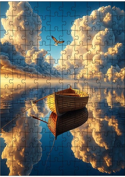 Ahşap Mdf Puzzle Yapboz Göldeki Sandal ve Bulutlar 120 Parça 25*35 cm