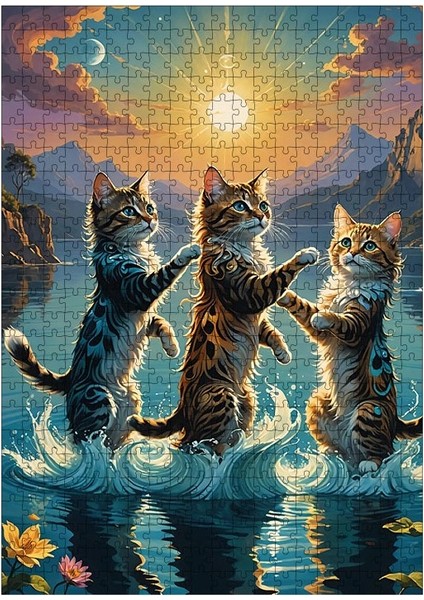 Ahşap Mdf Puzzle Yapboz Göldeki Sevimli Kediler 500 Parça 50*70 cm