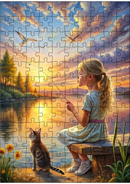 Ahşap Mdf Puzzle Yapboz Kumsaldaki Çocuk ve Kedi 120 Parça 25*35 cm