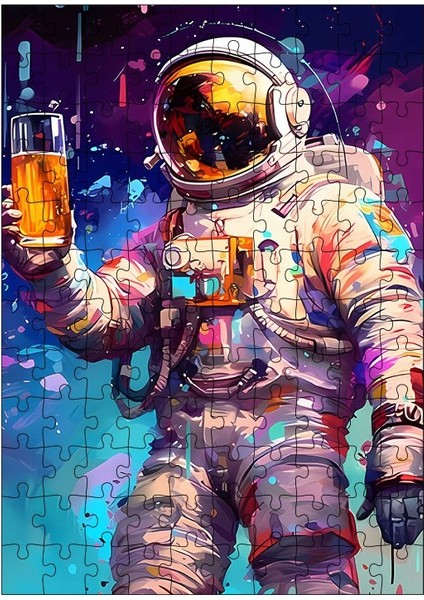 Ahşap Mdf Puzzle Yapboz Bira Içen Astronot 120 Parça 25*35 cm